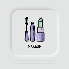 Makeup thin line icon: mascara, eyebrow tweezers. lipstick. Modern vector illustration.