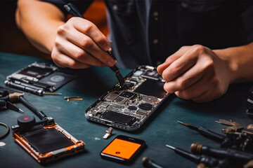 A technician repairing a broken smartphone. Technician disassembling smartphone with screwdriver. Smart phone repairing hands man screwdriver. - obrazy, fototapety, plakaty