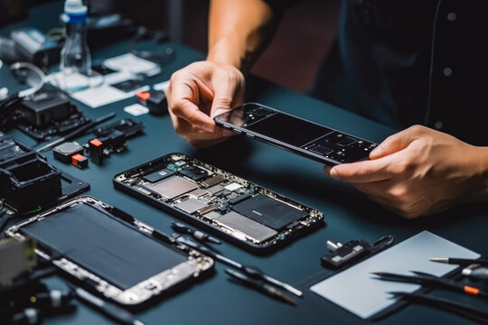 A technician repairing a broken smartphone. Technician disassembling smartphone with screwdriver. Smart phone repairing hands man screwdriver.