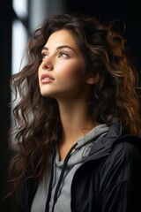 Fototapeta premium Beautiful young woman in a thoughtful pose, gazing into the distance, Generative AI