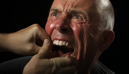 teeth close-up of an elderly man, the man shows his jaw to the dentist. Created in AI