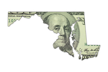 map of maryland state on a american dollar money texture on the white background. finance concept.