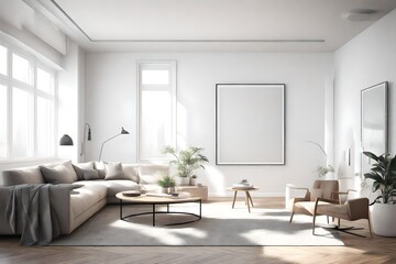 Generate a sophisticated 3D rendering of a mockup frame seamlessly integrated into a stylish living room interior. Pay attention to realistic lighting and textures to convey the ambiance of the space