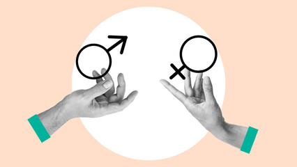Collage with Hands holding male and female gender sign symbolizing equality isolated over pink background. Sexual education. Concept of love, freedom, awareness
