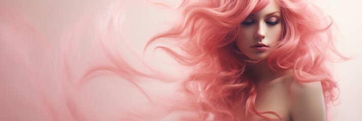 Romantic woman portrait with pastel pink hair on white background, advertising banner