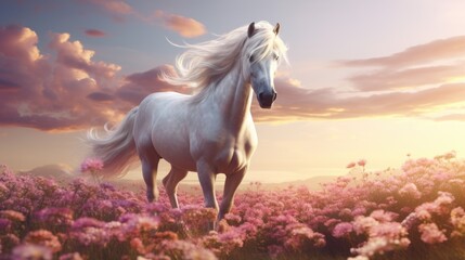 Obraz na płótnie Canvas Magnificent white stallion horse roaming free in a meadow of pink blooming spring wild flowers, beautiful mane hair gently blowing in the wind. 