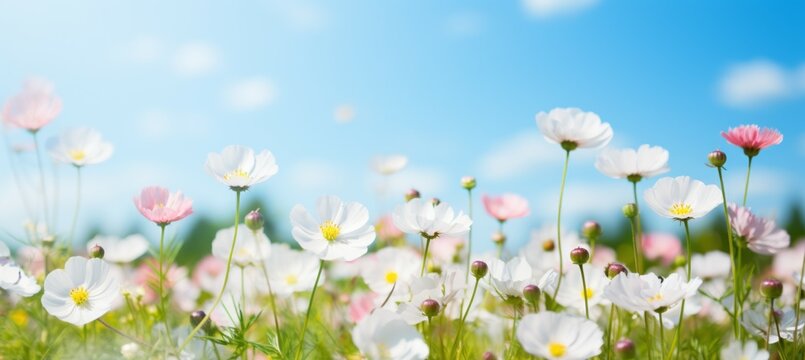 Spring flower field. Generative AI technology.	
