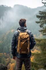 Obraz premium A lonely man enjoys the view of the summer mountains while he standing on a mountain peak. Peace and slow life. Hiking and digital detox concept. Contemplation of nature alone with your thoughts.
