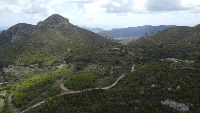 Scenic drone footage of the Coll de Sa Gramola, Mallorca. Fascinating aerial views of landscape, mountains, rocks and seaside.