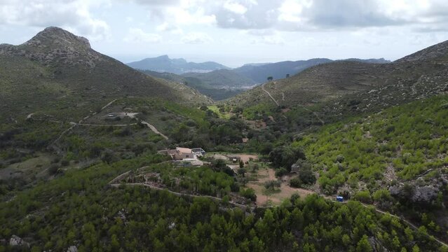 Scenic drone footage of the Coll de Sa Gramola, Mallorca. Fascinating aerial views of landscape, mountains, rocks and seaside.