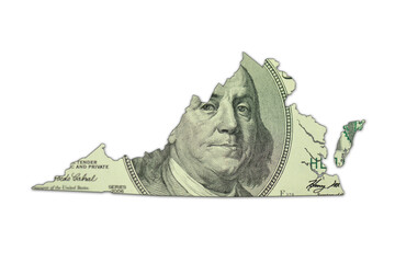 map of virginia state on a american dollar money texture on the white background. finance concept.