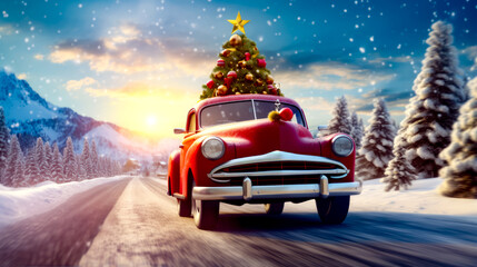 Red car driving down road with christmas tree on top of it. - obrazy, fototapety, plakaty