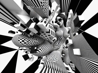 Black & white 3d abstract woman - obrazy, fototapety, plakaty