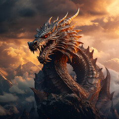 chinese dragon statue fire mountain dragon wallpaper the fantasy created with generative ai - obrazy, fototapety, plakaty