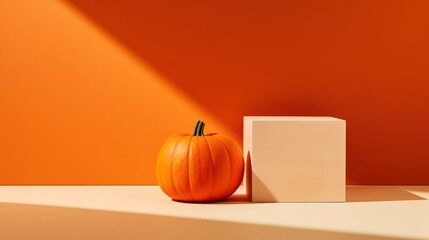 Minimalist scene with pumpkin on orange background, Created with Generative Ai technology.