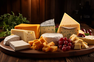 A variety of different cheeses is served on wood platters on a wooden table