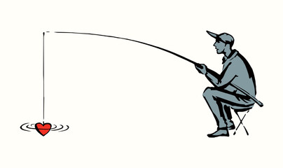Obraz premium Vector drawing. The fisherman catches the heart
