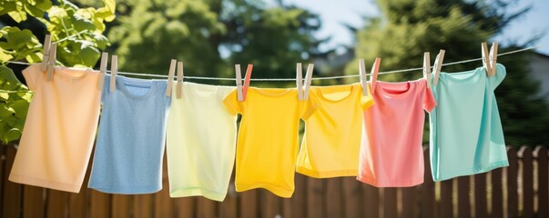 Children's clothing dries on a clothesline in the backyard outside in the sunlight after being washed. Rope with clean clothes outdoors on laundry day.