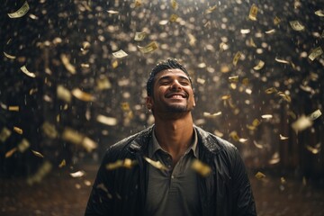Joyful happy brunette man under dollar rain on the street on a black background