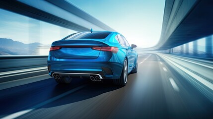 Fototapeta na wymiar Rear view of blue car on high speed, Motion speed blur