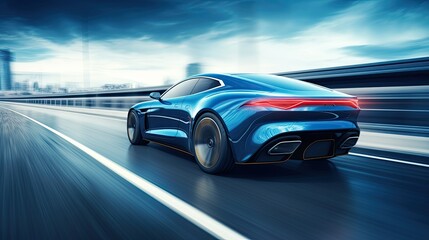 Rear view of blue car on high speed, Motion speed blur - obrazy, fototapety, plakaty