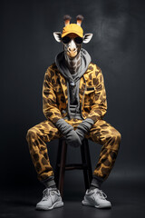 Fototapeta premium Giraffe wearing hip hop clothes and sneakers dark background, full body