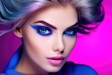 Fototapeta premium Fashion female model on bright neon pink background. Glitter vivid neon makeup, trendy glowing make-up concept 