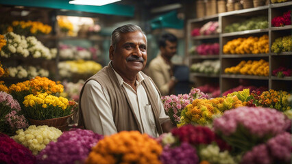 An Indian man selling wide variety of flowers in his shop. - obrazy, fototapety, plakaty