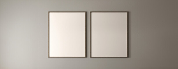 Boho gray empty wall with two picture frame background. Light modern japanese nature view. 3d rendering. High quality 3d illustration