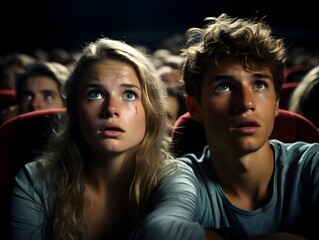 Intense Cinema Experience: Fearful Couple in Red Seats