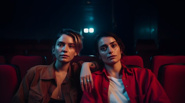Captivating Film Show: Lesbian Couple Enthralled in Cinematic Delight