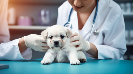 Photorealistic illustration, hand drawn, stockphoto, copy space, Veterinary examining a puppy. Healthcare illustration. Veterinary cabinet. Veterinary holding a cute puppy for examination.