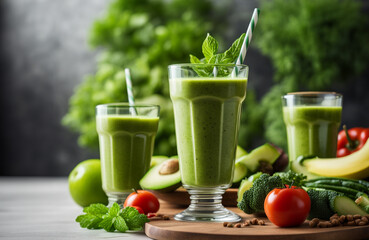 Delicious and healthy vegan smoothie with fruits and green vegetables