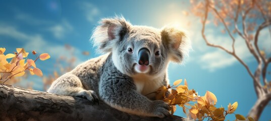 Wild koala on tree. Generative AI technology.