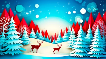 Fotobehang Christmas scene with deer and two deers in snowy forest. © Kostya