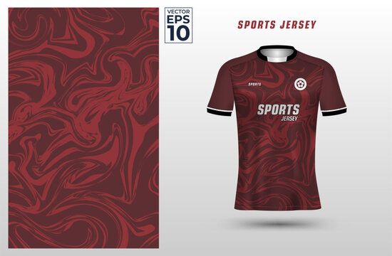 T-shirt sport jersey design template with liquify pattern on red background. Sport uniform in front view. Shirt mock up for sport club. Vector Illustration