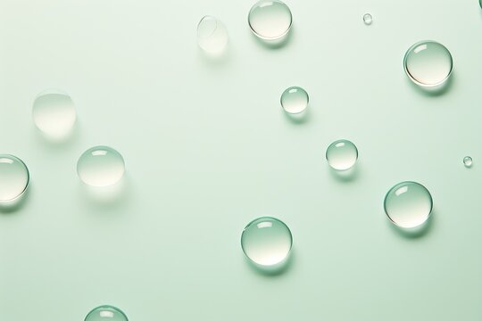 Macro oil drop floating on water surface. Abstract green water bubbles background. Cosmetic liquid beauty product. Colorful artistic backdrop
