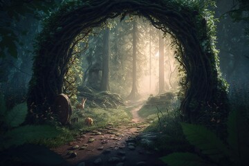 Arch of plants in the forest, arch of plants, dense forest, digital art style, illustration painting