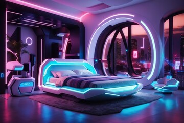 A bed room with Vibrant Nightlife: Atmospheric Club Celebration with Energetic Dancefloor and Exciting Dj - obrazy, fototapety, plakaty