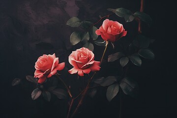 Beautiful rose bush on dark background. Moody flowers. Cursed, magic flower. Rosa Damascena or Damask rose. Romantic luxury background. Elegant love and passion concept