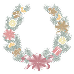 The frame is framed with fir branches with decorations. Vintage engraving, stylized drawing. Vector illustration