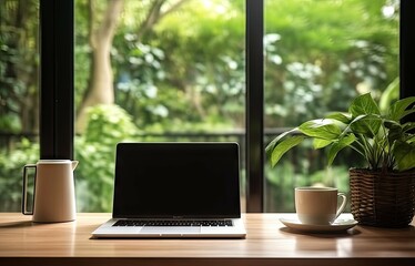Fototapeta premium Sleek workspace. Modern office with greenery. Digital haven. Stylish desk setup with laptop. Productive morning. Notebook on wooden table