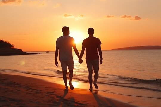 Loving gay couple on beach at sunset. Summer vacation together. Love, ocean, male couple walking in nature. Romantic moment of a loving couple.