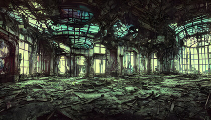 An abandoned room with plants and big windows. The room appears to be in a state of destruction decay, with an old and dirty interior, dark horror.