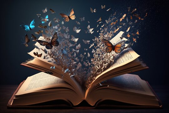 butterflies fly out of the book, book butterflies, digital art style