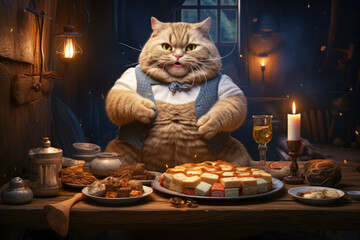 Fat cat eats dinner sitting at the table, there are many different dishes in front of him. Generative AI
