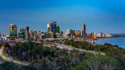 Perth, WA, Australia - Panoramic view of the city at sunset - obrazy, fototapety, plakaty
