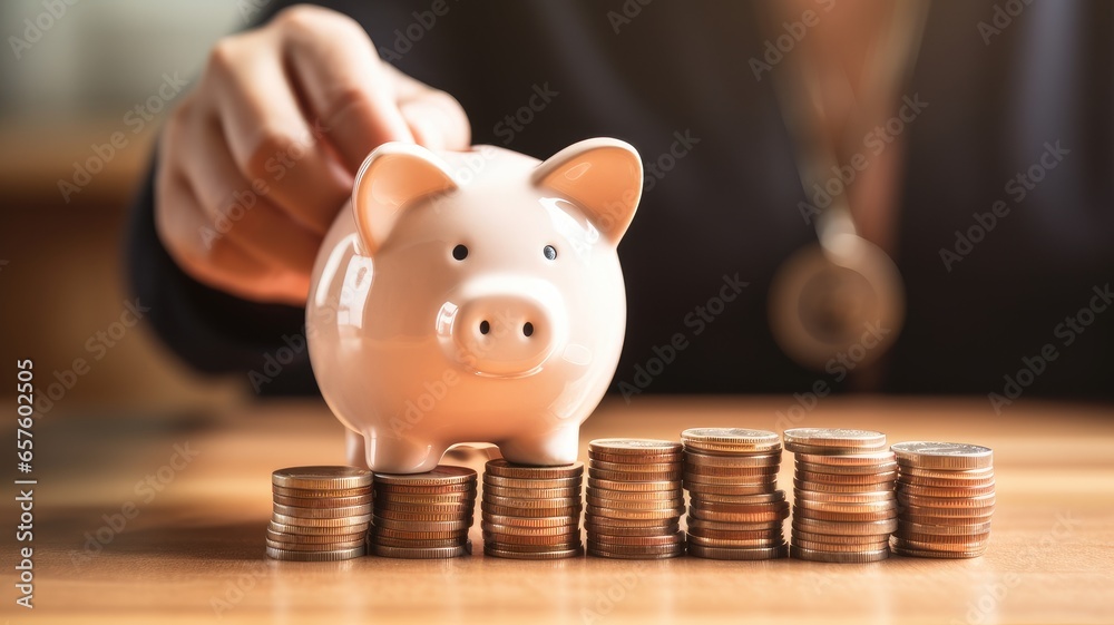 Aufkleber an image of a person with a piggy bank and coins, symbolizing savings and budgeting solutions