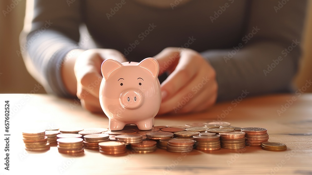 Aufkleber an image of a person with a piggy bank and coins, symbolizing savings and budgeting solutions