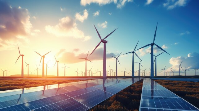 An image of renewable energy sources like wind turbines and solar panels, symbolizing eco-friendly solutions for clean energy